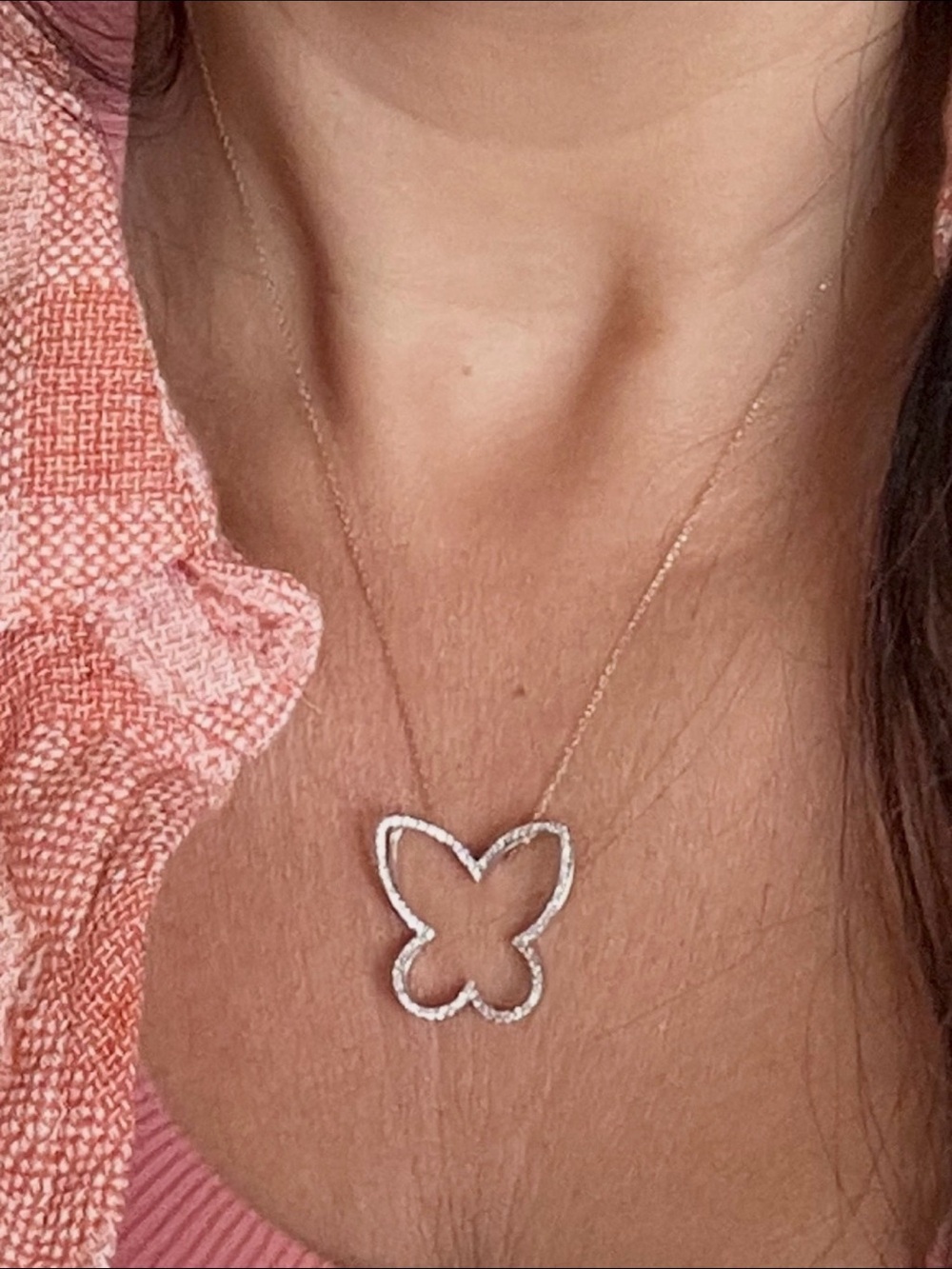 Natural Diamond Butterfly Necklace 14K White & Yellow Gold Large Pendant